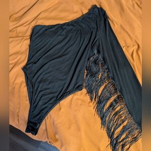 Black One-Shoulder Fringe Bodysuit